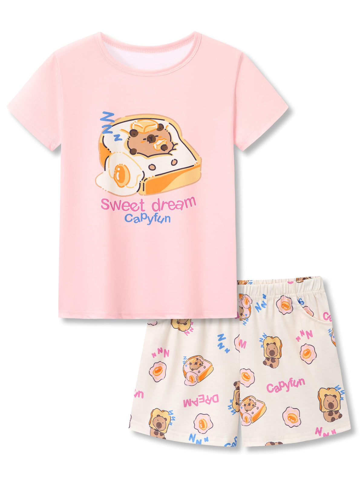 Beezizac Girls Pajamas Neon Tie Dye Spiral Capybara Smiling Face Print T-shirt & Shorts 2-Piece Soft PJ Set Size 6-18