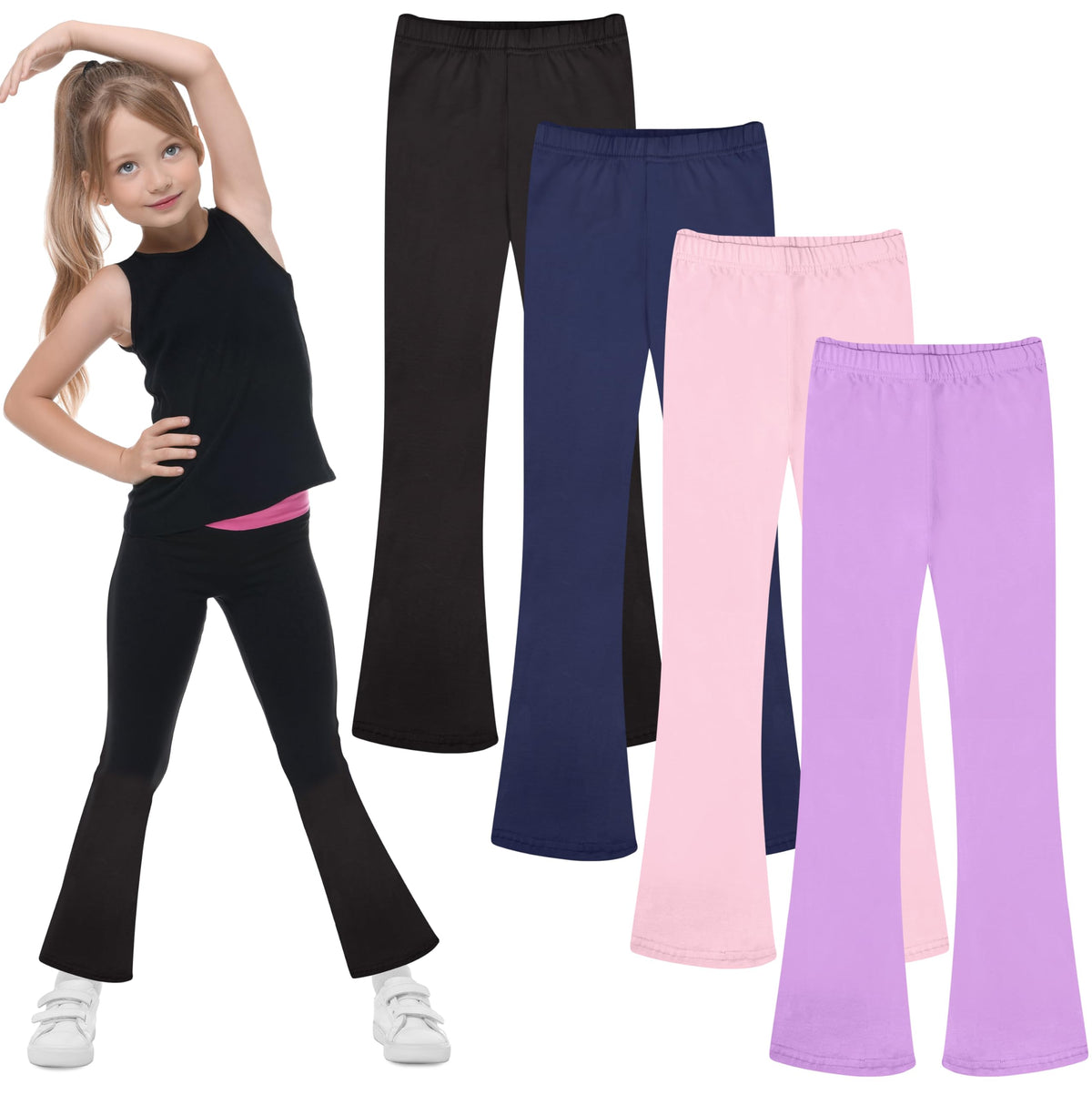 FEQO 4 Pack Girls Flare Leggings Pants Cotton Leggings Bell Bottoms 5-14Y