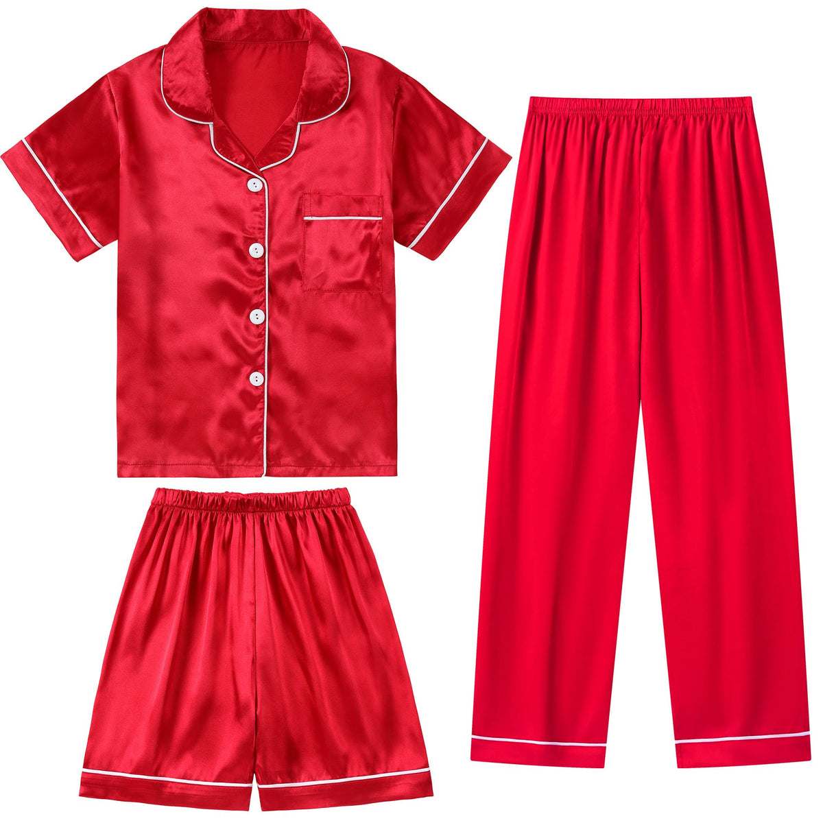 DIPUG Girls Pajamas 3 Pcs Satin PJs Set Silky Soft Sleepwear for Ages 4-13