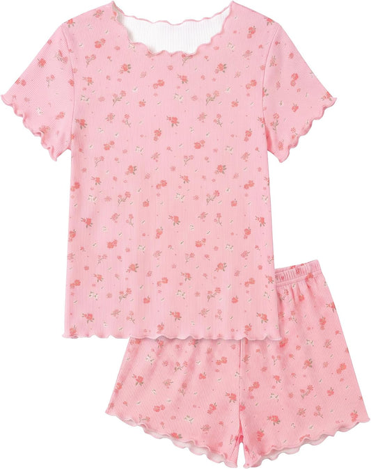Beinou Girls Pajamas Sets Ribbed Ruffle Sleepwear Toddler Summer Pjs 2-9Y