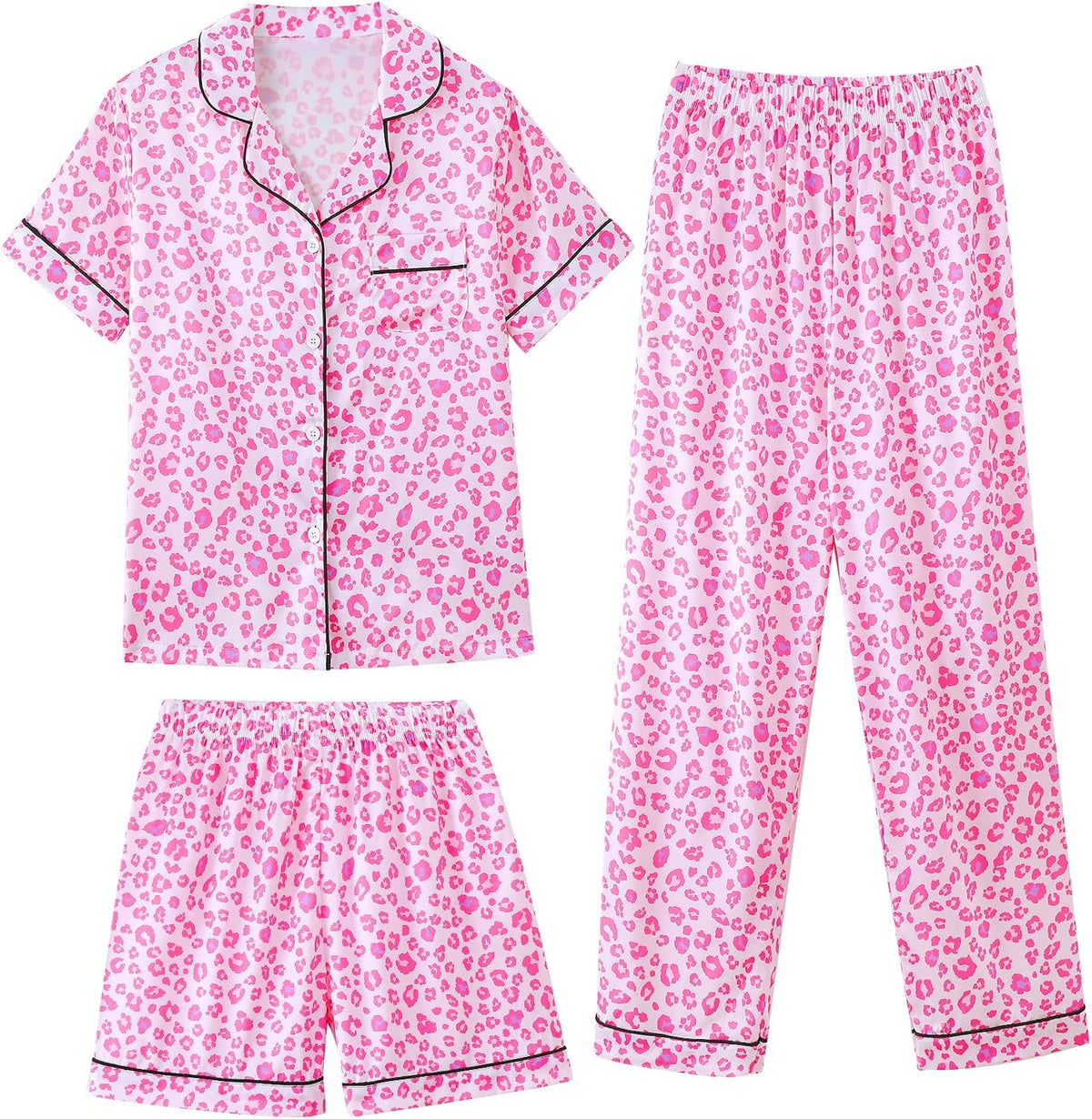 Mikrdoo 3 Piece Girls Silk Satin Pajamas Set Soft Lightweight Button Down Pjs Sleepwear for Kids Size 6-16 Years