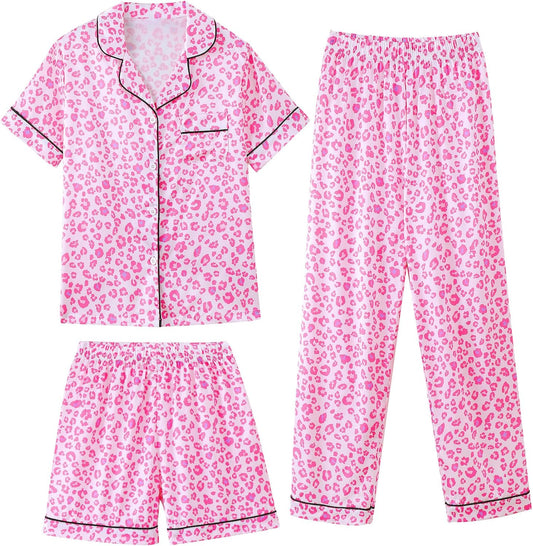 Mikrdoo 3 Piece Girls Silk Satin Pajamas Set Soft Lightweight Button Down Pjs Sleepwear for Kids Size 6-16 Years