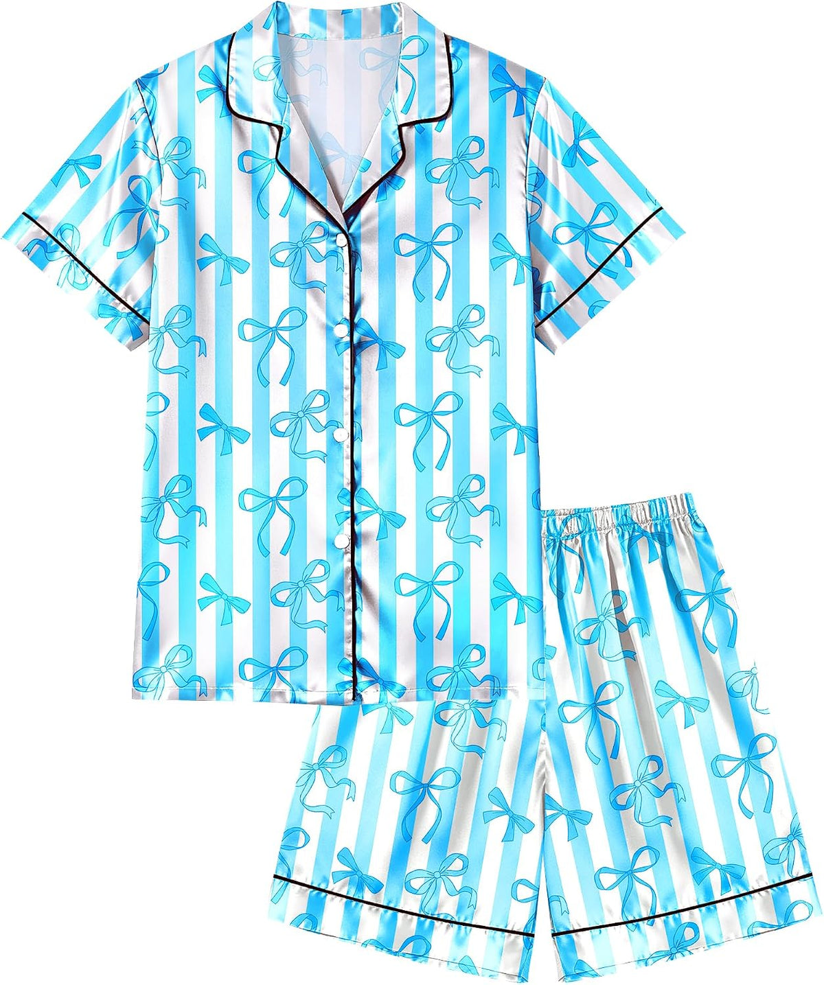 Sylfairy Girls Pajamas Silk PJS Set Bow Satin Sleepwear Short Sleeve Jammies for Kids Button-Down Nightwear size 7-8 10-12