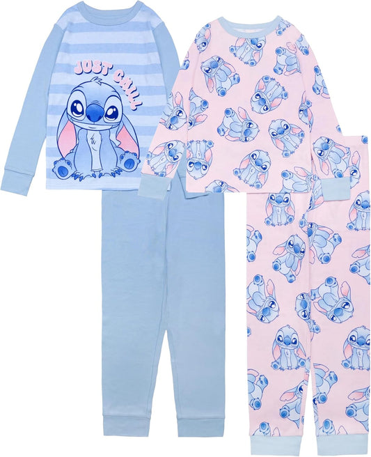 Disney Girls' 4-piece Snug-fit Cotton Pajama Set, Matching Pajamas