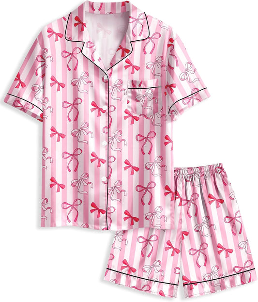 Girls Pajamas Satin Pajama Set Silk Pjs Short Sleeve Button Down Summer Bow Sleepwear for Big Kids 7-14Y
