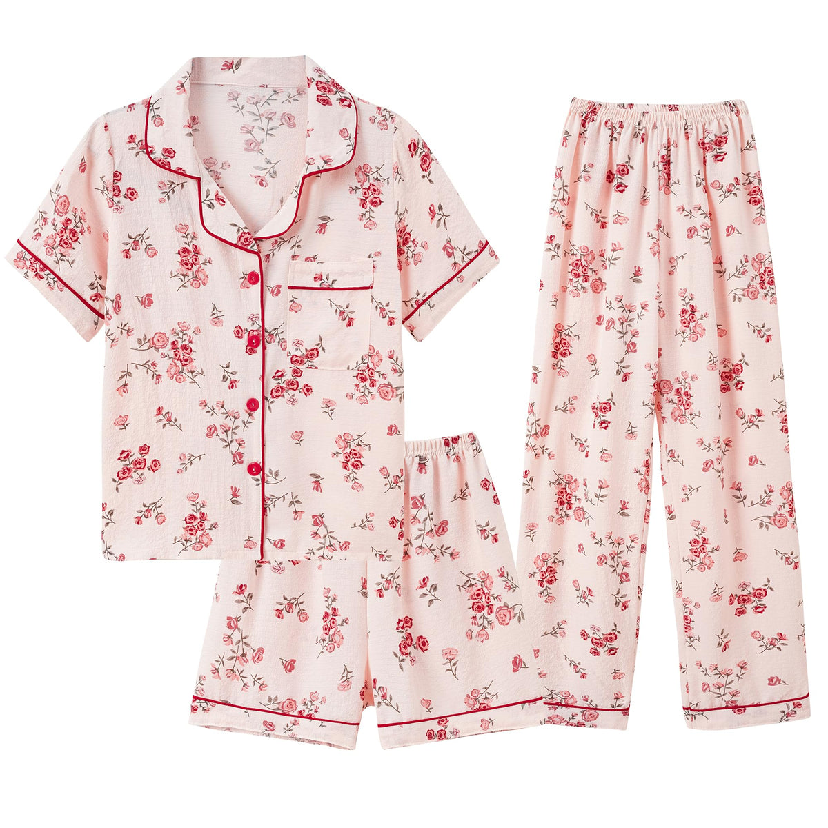 Hupohoi Big Girls Button Down Pajama Set 3pcs Crepe Fabric Sleepwear Nighty