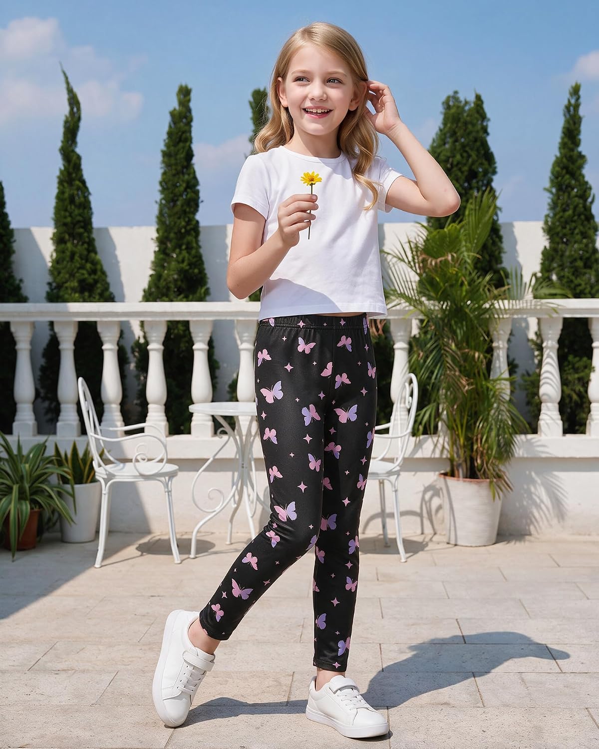 MyFav 3 Pack Girls Leggings Stretch Kids Cute Printed & Solid Color Skinny Casual Daily Wear Pants