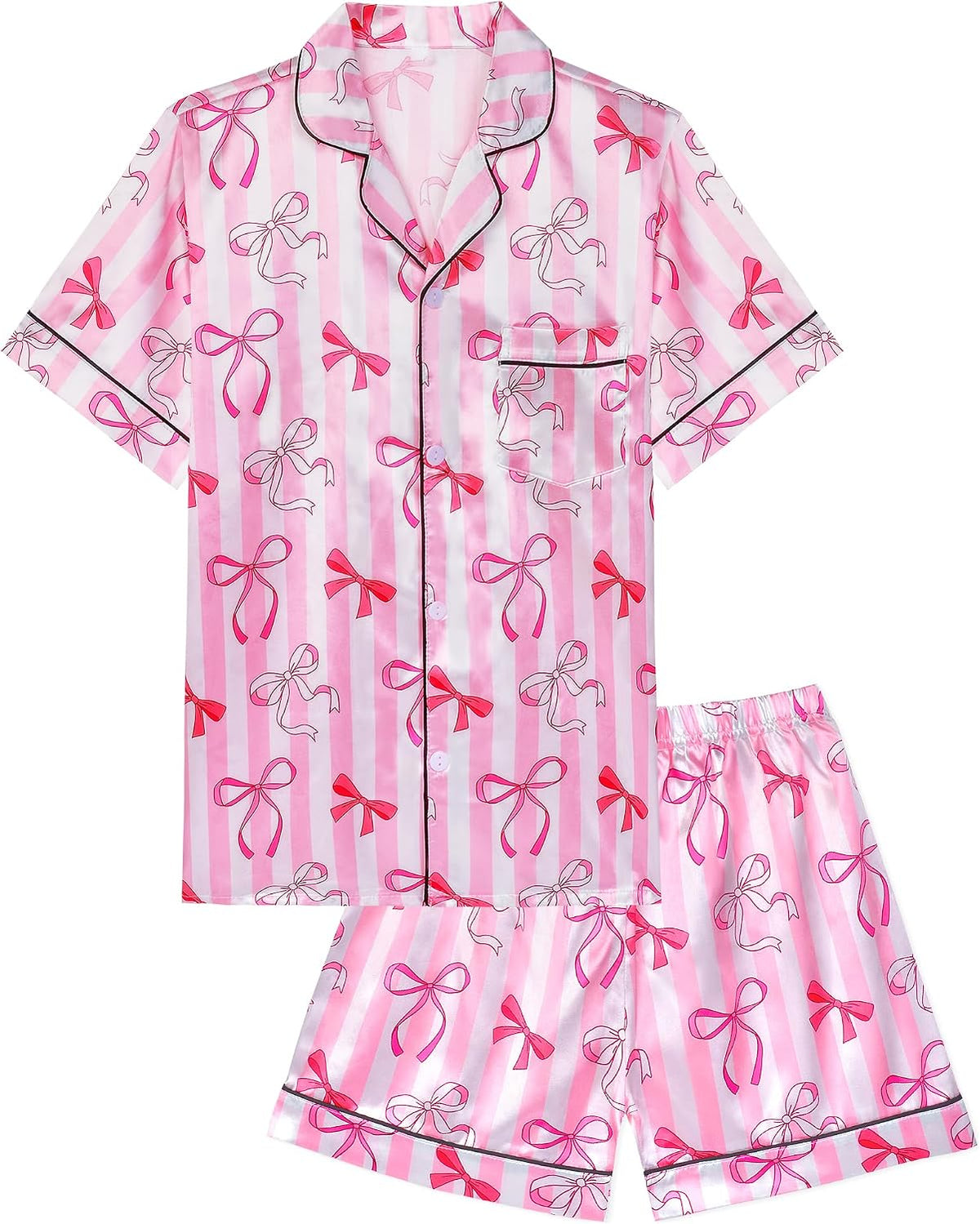 Sylfairy Girls Pajamas Silk PJS Set Pink Bow Satin Sleepwear Short Sleeve Jammies for Kids Button-Down Nightwear size 7-14