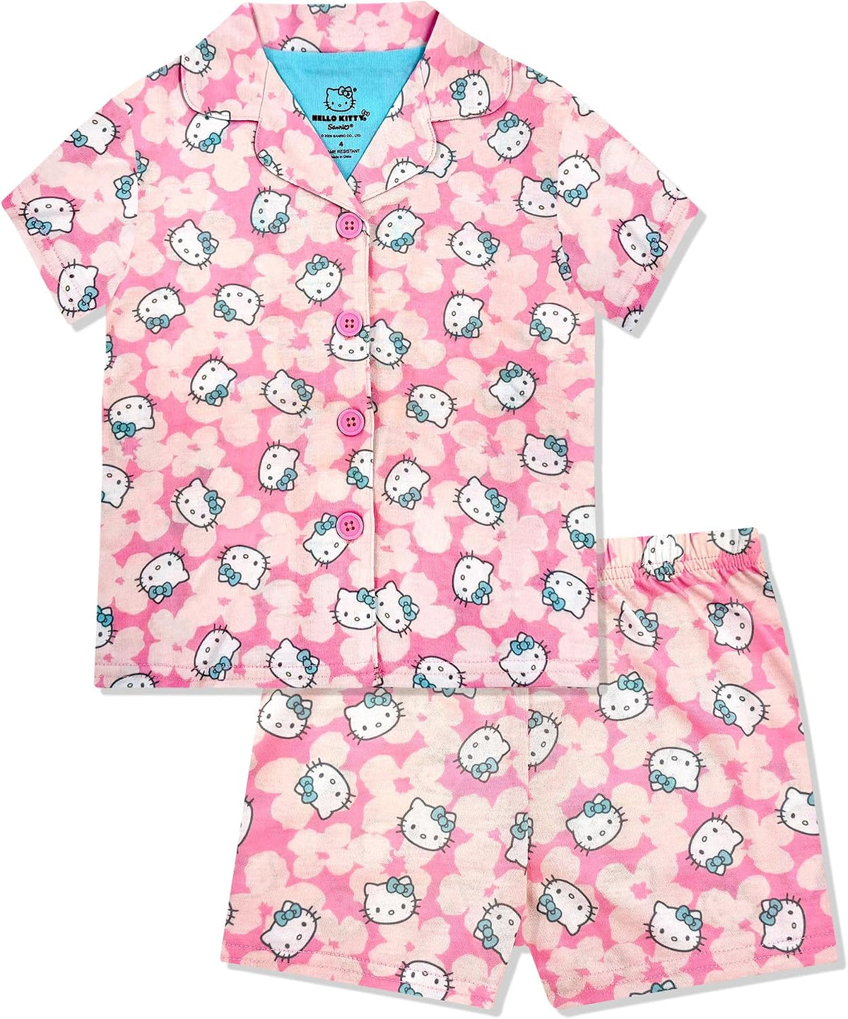 Hello Kitty Girls Pajama Set - 2 Piece Cozy Girls Pjs with Button Down Short Sleeve & Shorts For Kids - Official Product