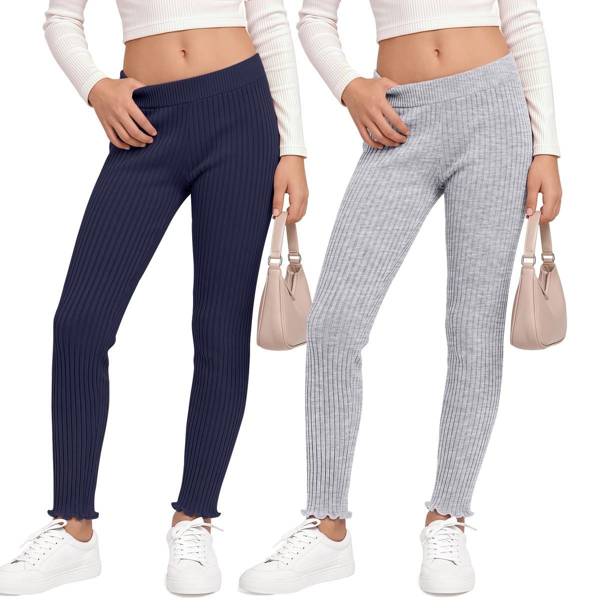 2 Pack Girl's Ribbed Knit Leggings Ruffle Tights
