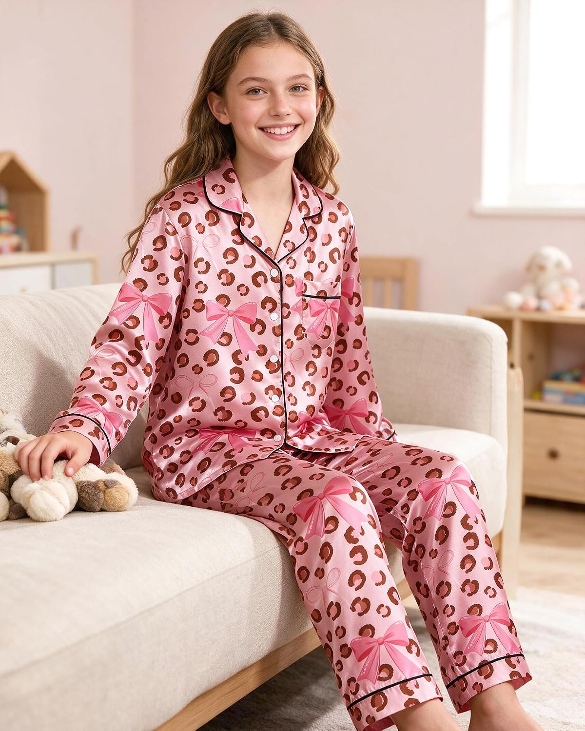Sylfairy Pajamas Cute Girls Silk Pj Set Long Sleeve and Pants Button Down Sleepwear Lounge Sets for Kids