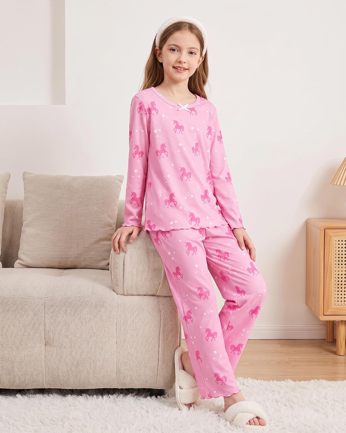 CARETOO Girls Pajama Set 2pc Soft Stretch Ribbed Kids Loungewear Pjs 5-14Y