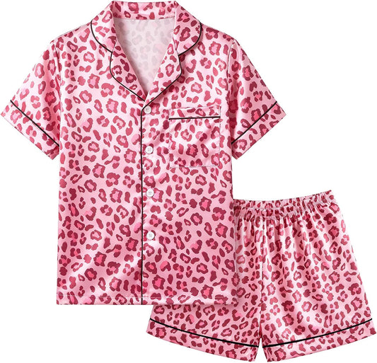 FIOBEE Girls Satin Pajamas Set Short Sleeve Two Piece Pjs for 8-14 Years