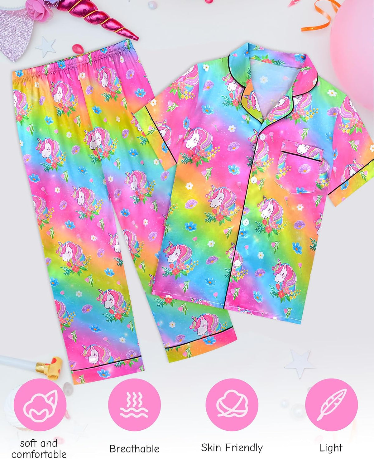 Sylfairy Girls Satin Pajamas Silk PJS Set Rainbow Unicorn Sleepwear Short Sleeve Long Pants Jammies for Toddler Kids