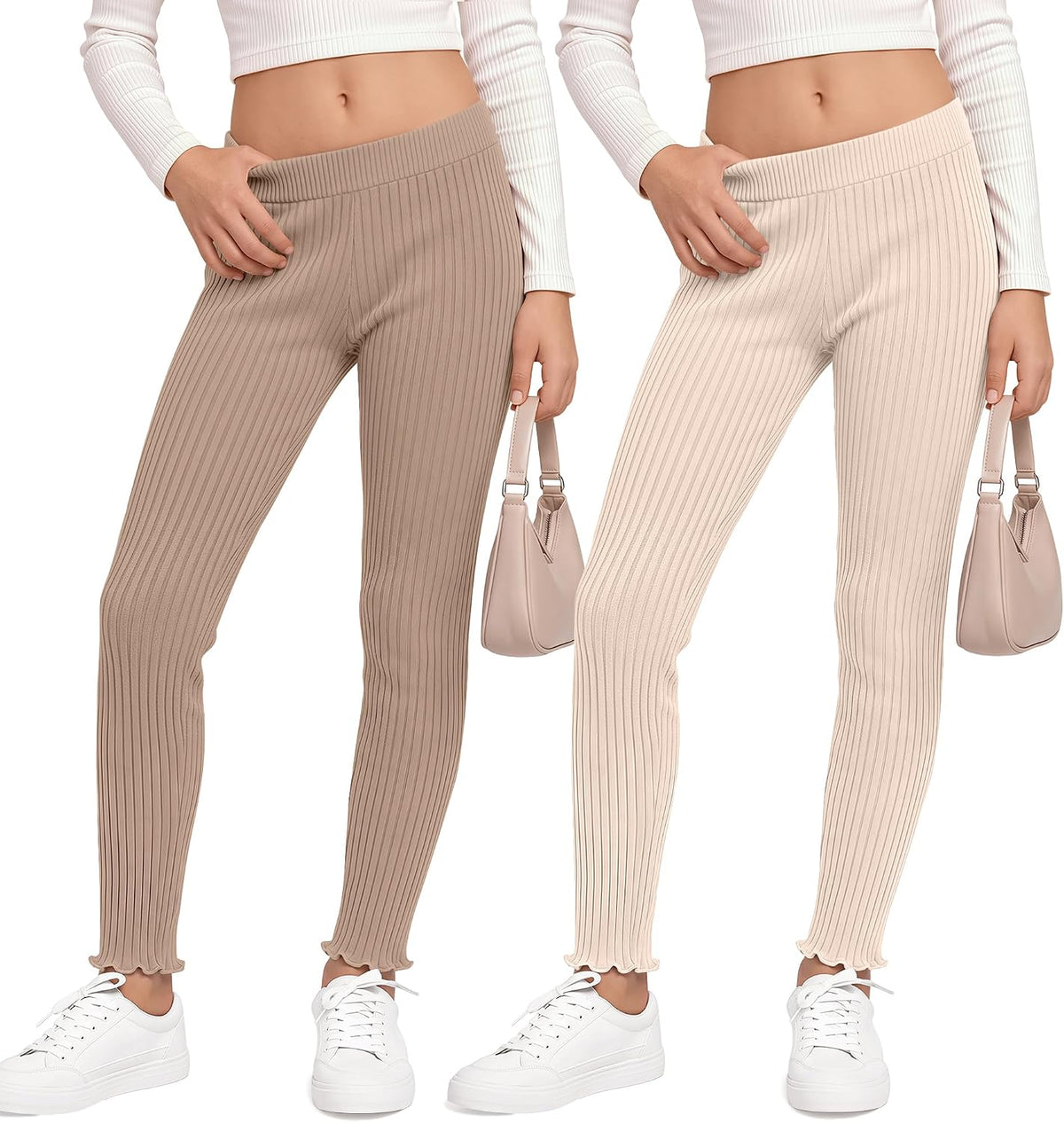 2 Pack Girl's Ribbed Knit Leggings Ruffle Tights