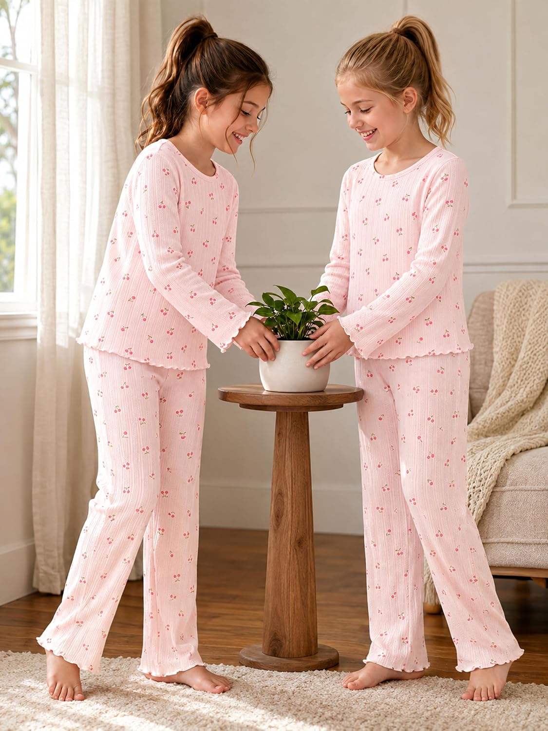 Beezizac Girls Pointelle Pajamas Long Sleeve Wide Leg 2-Piece Set Size 6-18