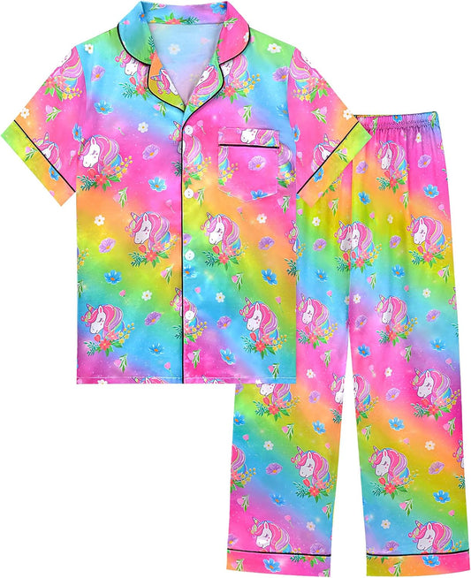 Sylfairy Girls Satin Pajamas Silk PJS Set Rainbow Unicorn Sleepwear Short Sleeve Long Pants Jammies for Toddler Kids
