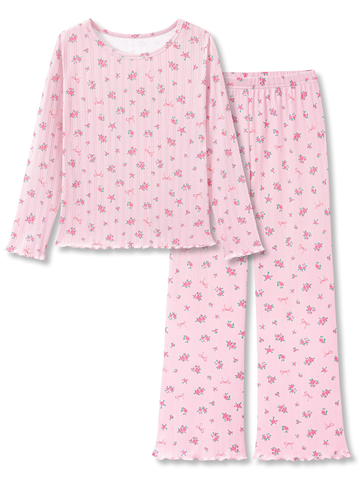 Beezizac Girls Pointelle Pajamas Long Sleeve Wide Leg 2-Piece Set Size 6-18
