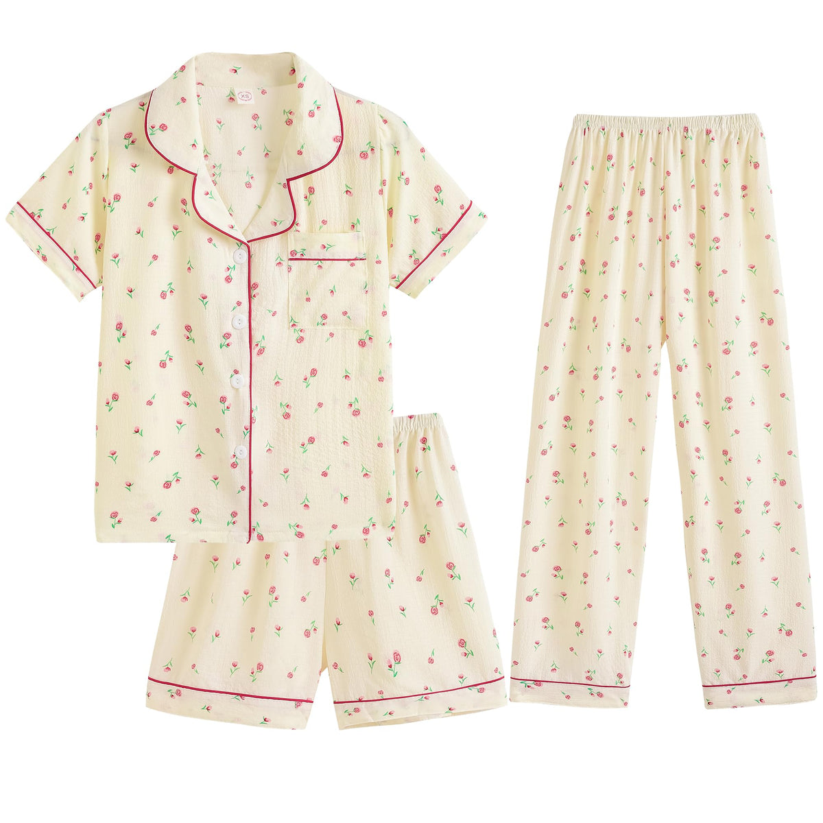 Hupohoi Big Girls Button Down Pajama Set 3pcs Crepe Fabric Sleepwear Nighty