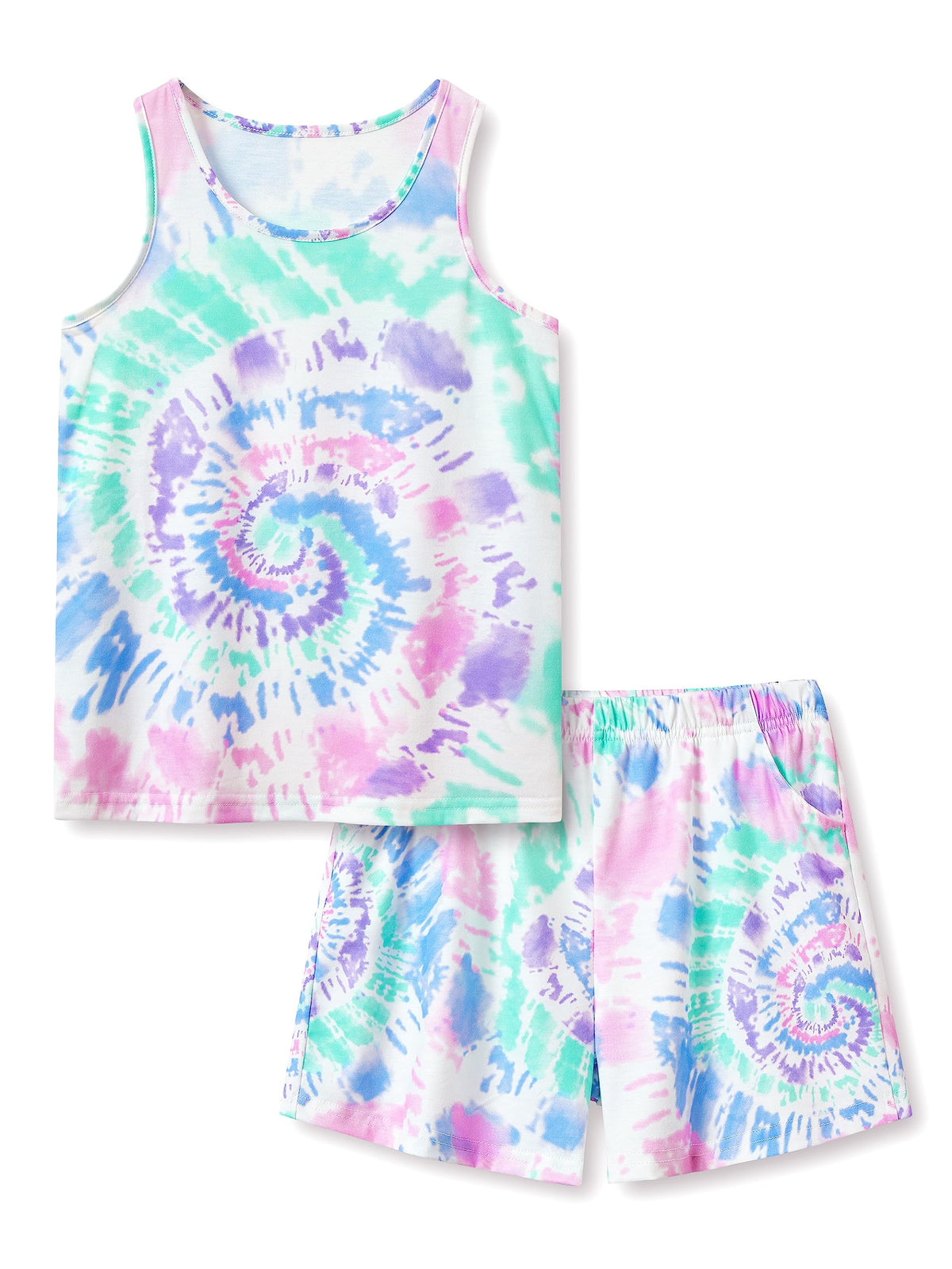 Beezizac Girls Pajamas Neon Tie Dye Spiral Capybara Smiling Face Print T-shirt & Shorts 2-Piece Soft PJ Set Size 6-18