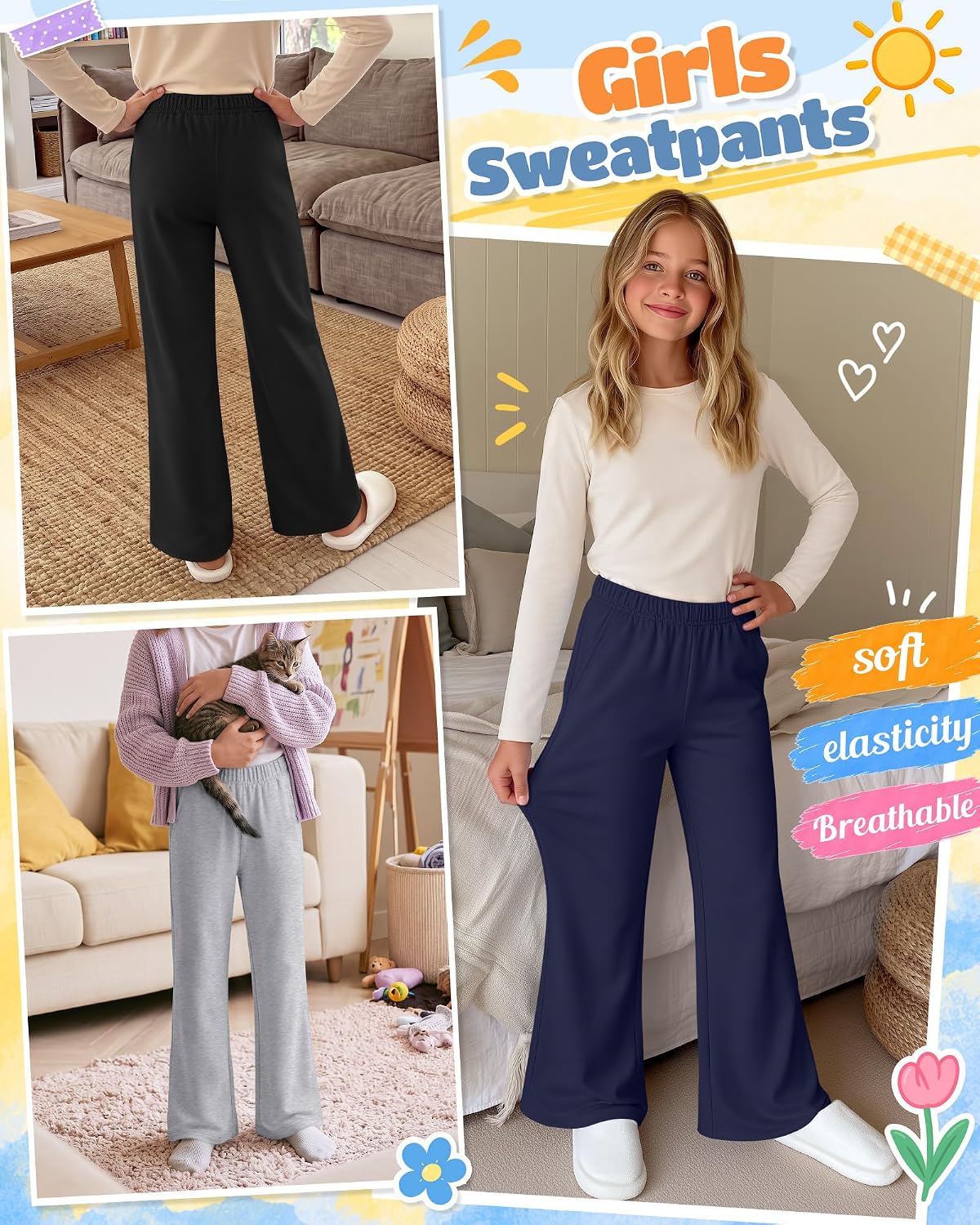 3 Pack Girls Flare Legging Kids Bootcut Sweatpants
