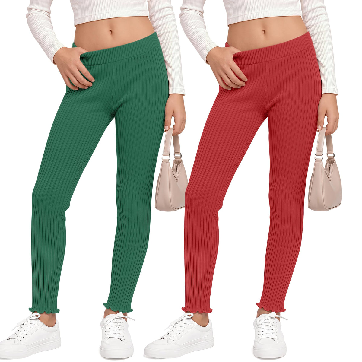 2 Pack Girl's Ribbed Knit Leggings Ruffle Tights