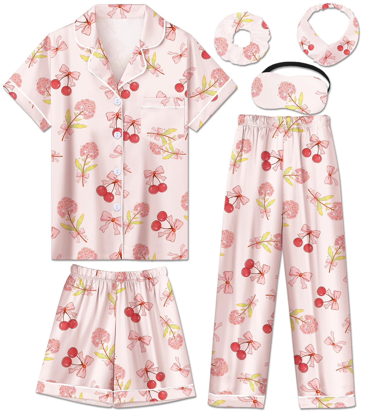 Silk Pajamas for Girls Satin Pajama Kids 3Pcs Short Sleeve Pjs Set