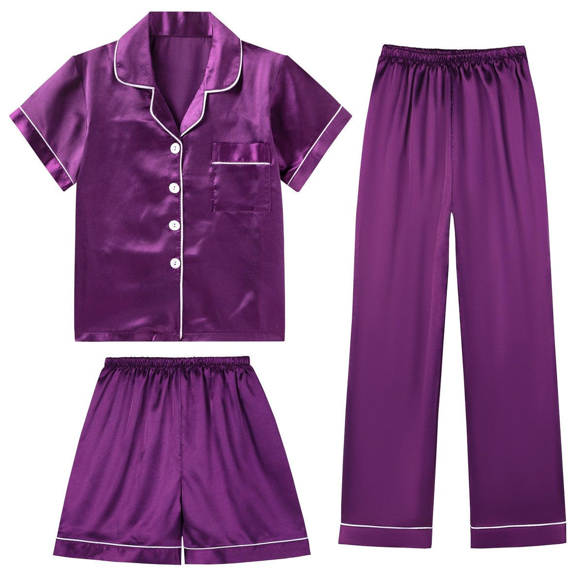 DIPUG Girls Pajamas 3 Pcs Satin PJs Set Silky Soft Sleepwear for Ages 4-13