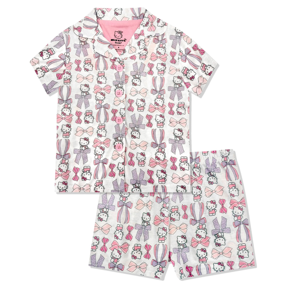Hello Kitty Girls Pajama Set - 2 Piece Cozy Girls Pjs with Button Down Short Sleeve & Shorts For Kids - Official Product