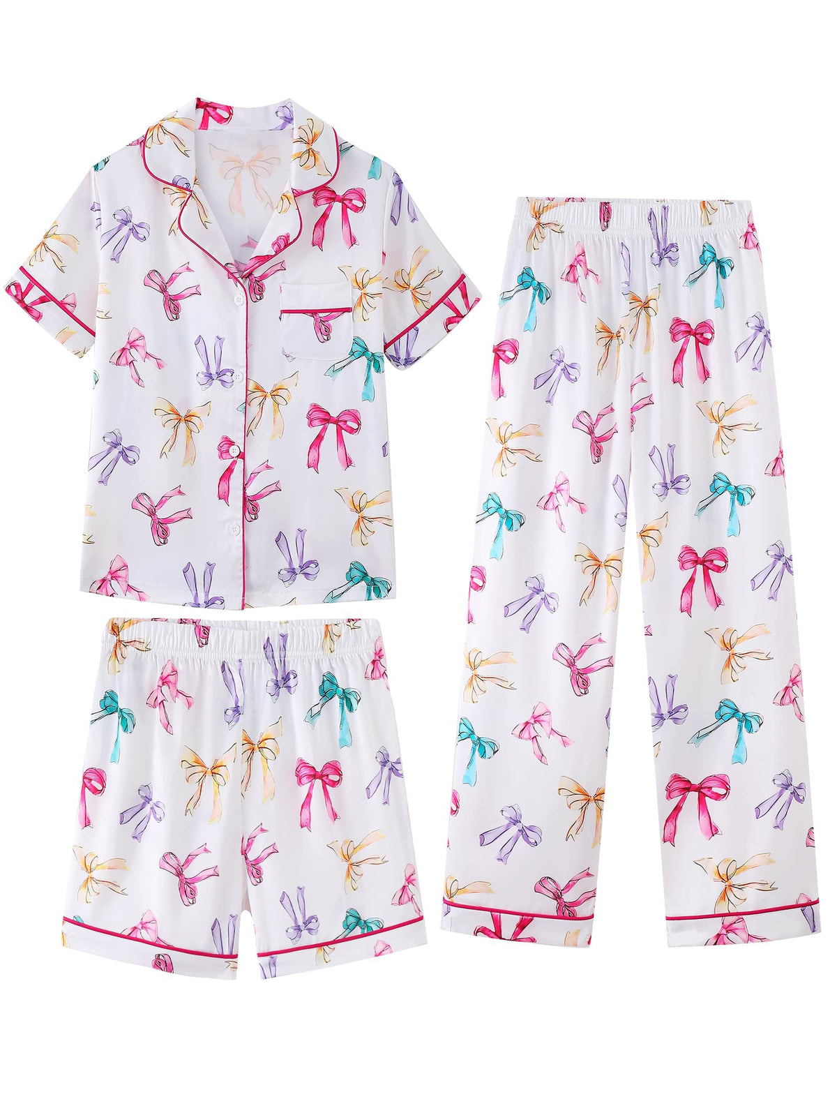 Mikrdoo 3 Piece Girls Silk Satin Pajamas Set Soft Lightweight Button Down Pjs Sleepwear for Kids Size 6-16 Years