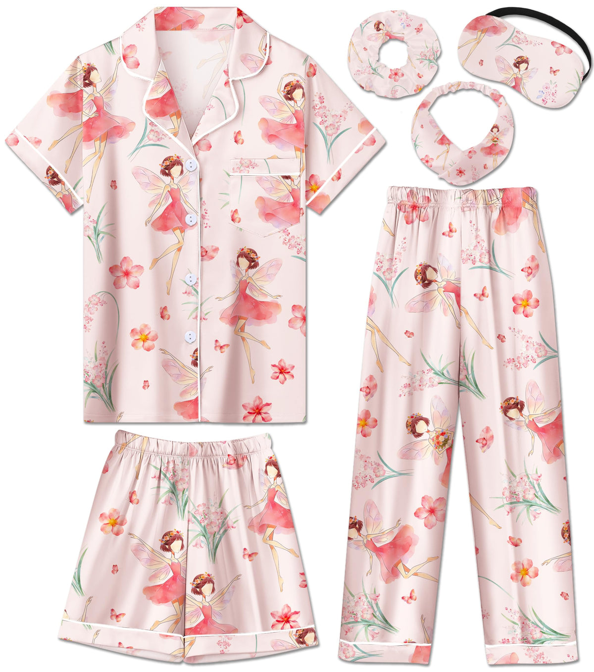 Silk Pajamas for Girls Satin Pajama Kids 3Pcs Short Sleeve Pjs Set