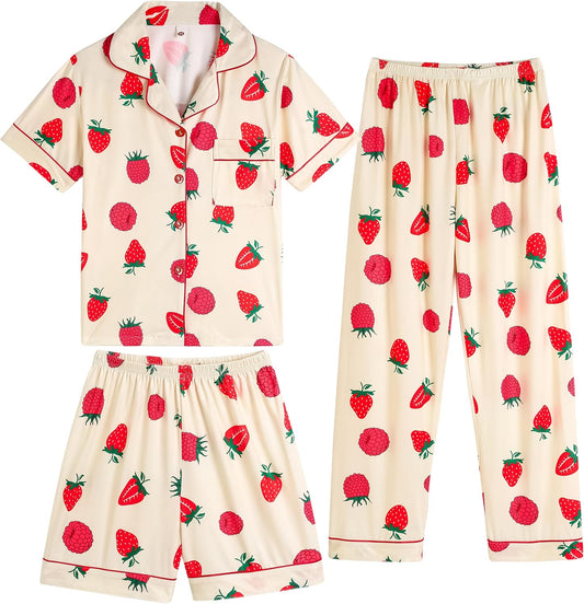 Vopmocld Girls Pajama Sets 3pcs Button Down Sleepwear For Teens 8-18 Years