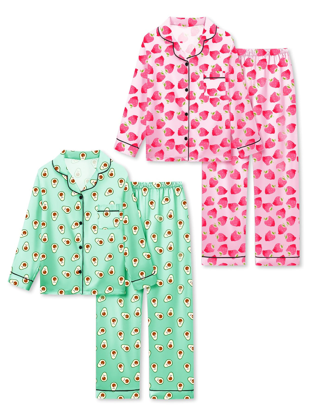 Satin Pajamas for Girls, 4-Piece Long Sleeve Silky Button Down PJ Set