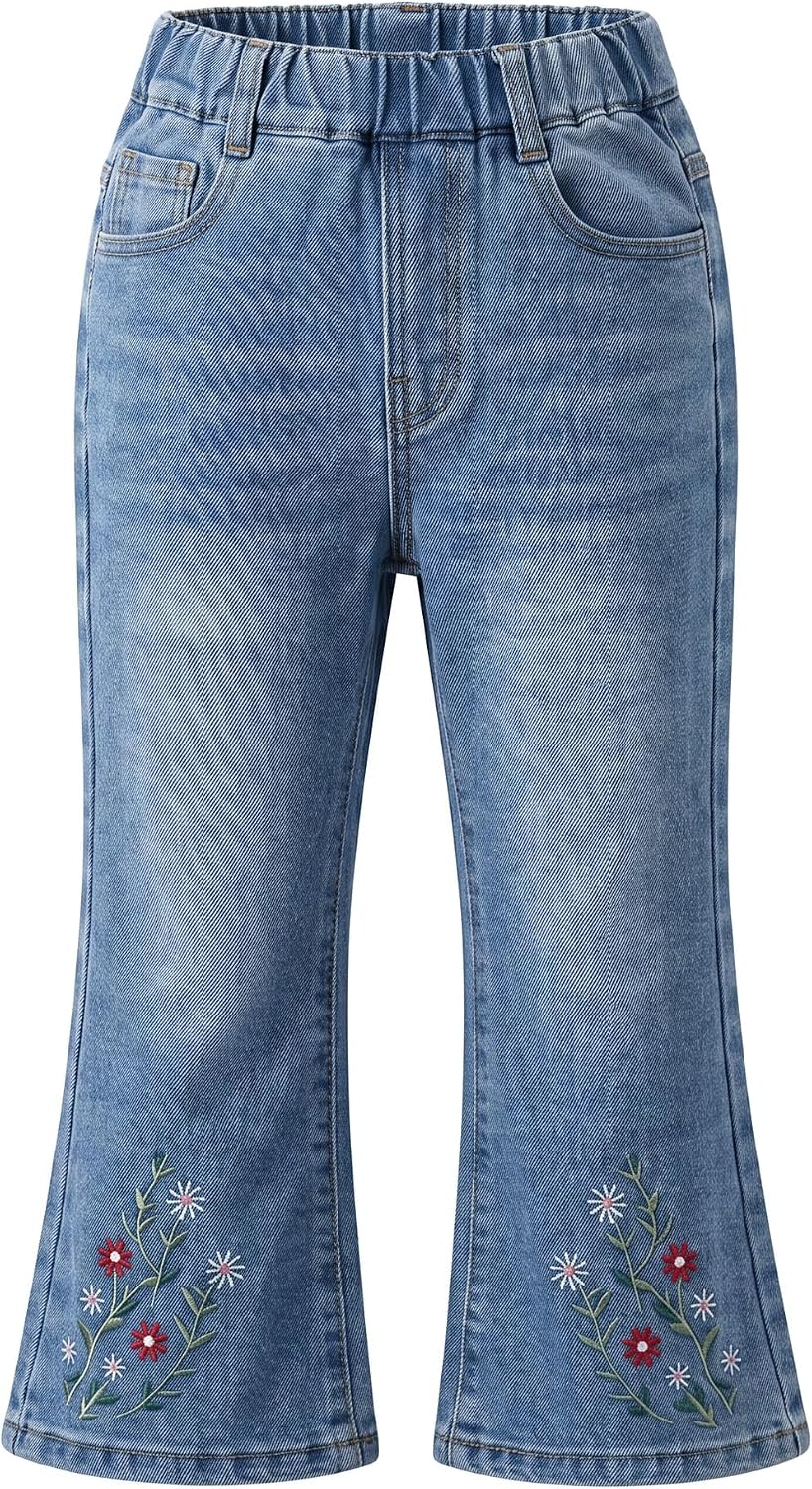 3-9 Years Little Big Girl Flare Jeans Elastic Waist Embroidery Denim Pants