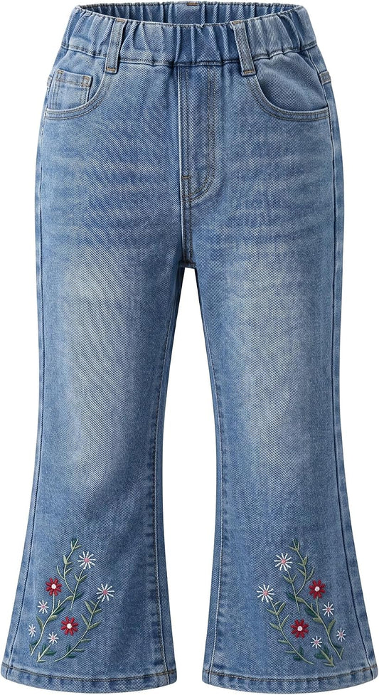 3-9 Years Little Big Girl Flare Jeans Elastic Waist Embroidery Denim Pants