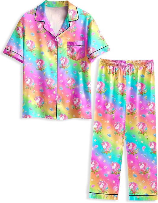 Girls Pajamas Silky Short Sleeve Long Pants Cute Jammies Satin Sleepwear Pjs Set for Toddler Kids 3T-10Y