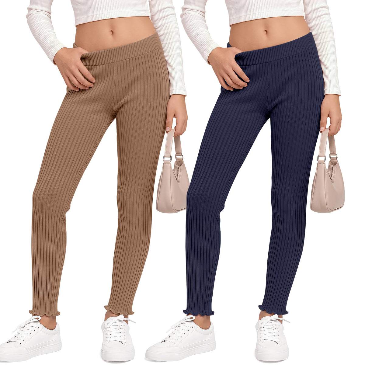 2 Pack Girl's Ribbed Knit Leggings Ruffle Tights