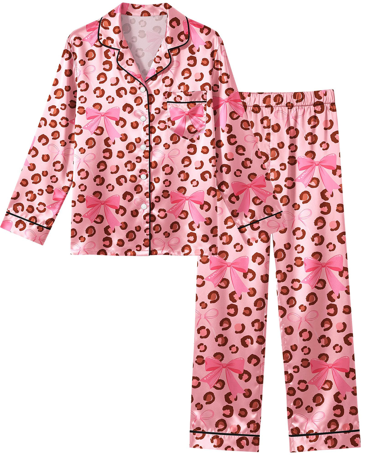 Sylfairy Pajamas Cute Girls Silk Pj Set Long Sleeve and Pants Button Down Sleepwear Lounge Sets for Kids