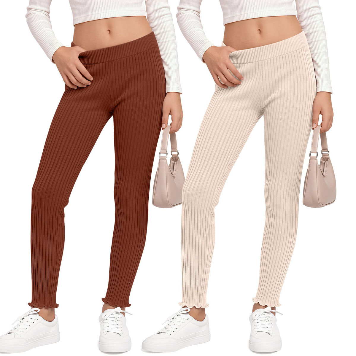 2 Pack Girl's Ribbed Knit Leggings Ruffle Tights