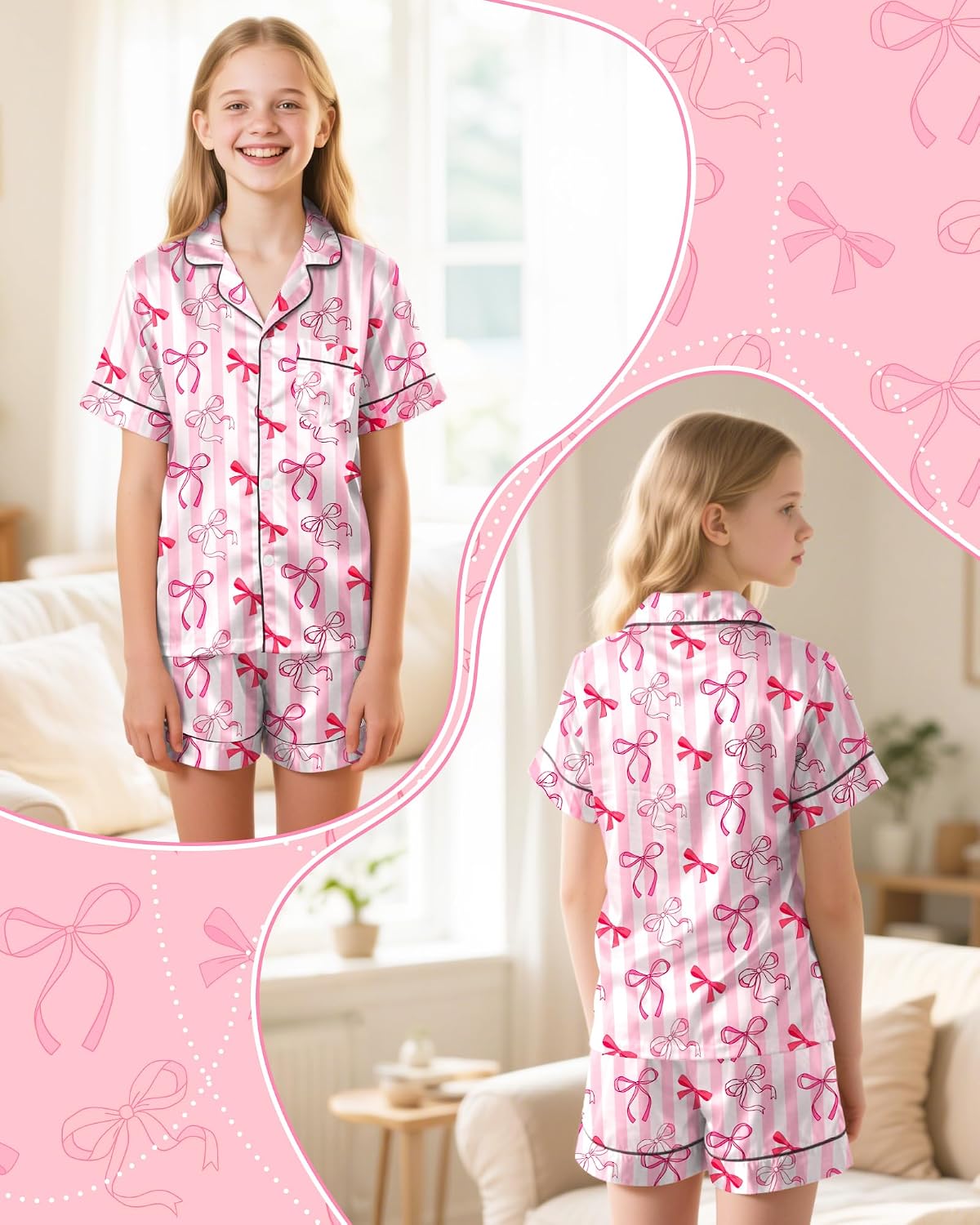 Girls Pajamas Satin Pajama Set Silk Pjs Short Sleeve Button Down Summer Bow Sleepwear for Big Kids 7-14Y