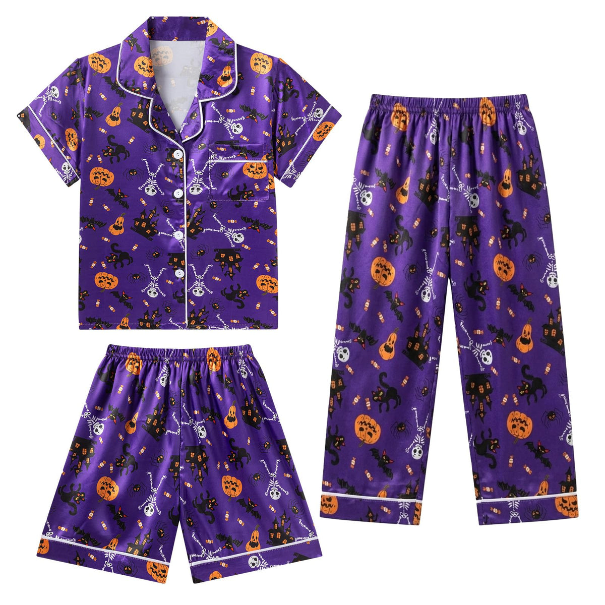 DIPUG Girls Pajamas 3 Pcs Satin PJs Set Silky Soft Sleepwear for Ages 4-13