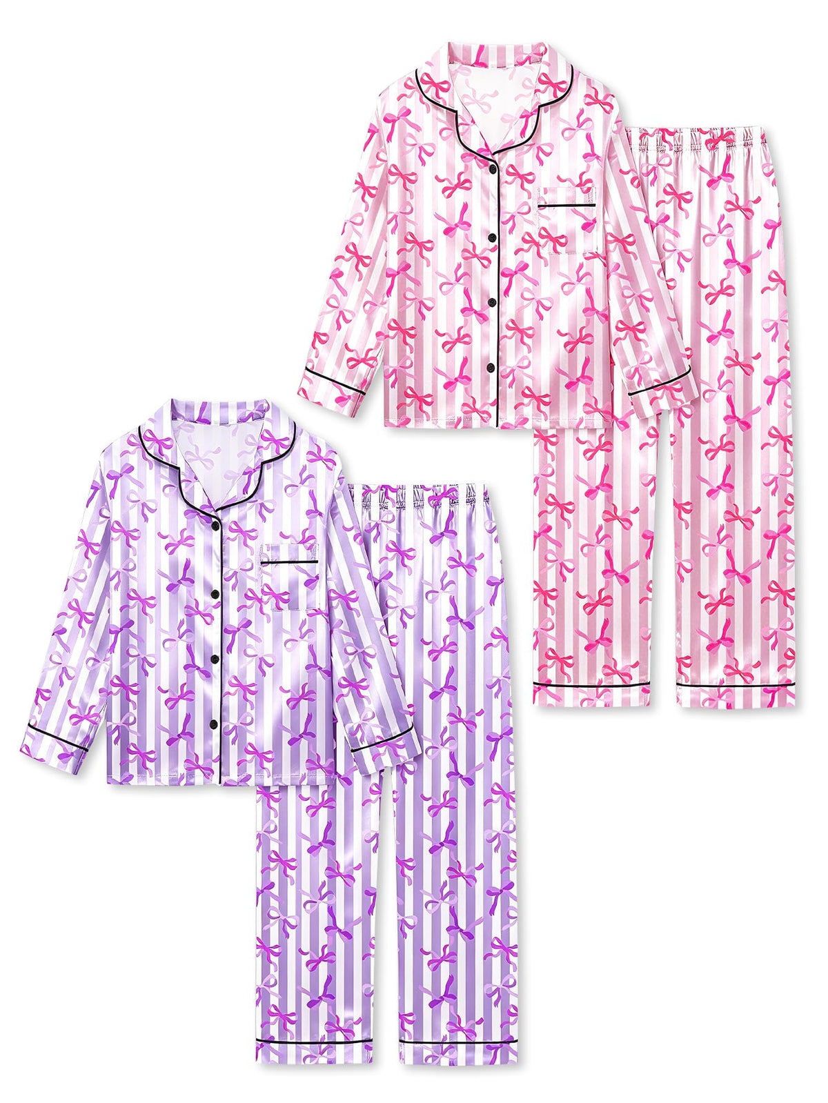 Satin Pajamas for Girls, 4-Piece Long Sleeve Silky Button Down PJ Set