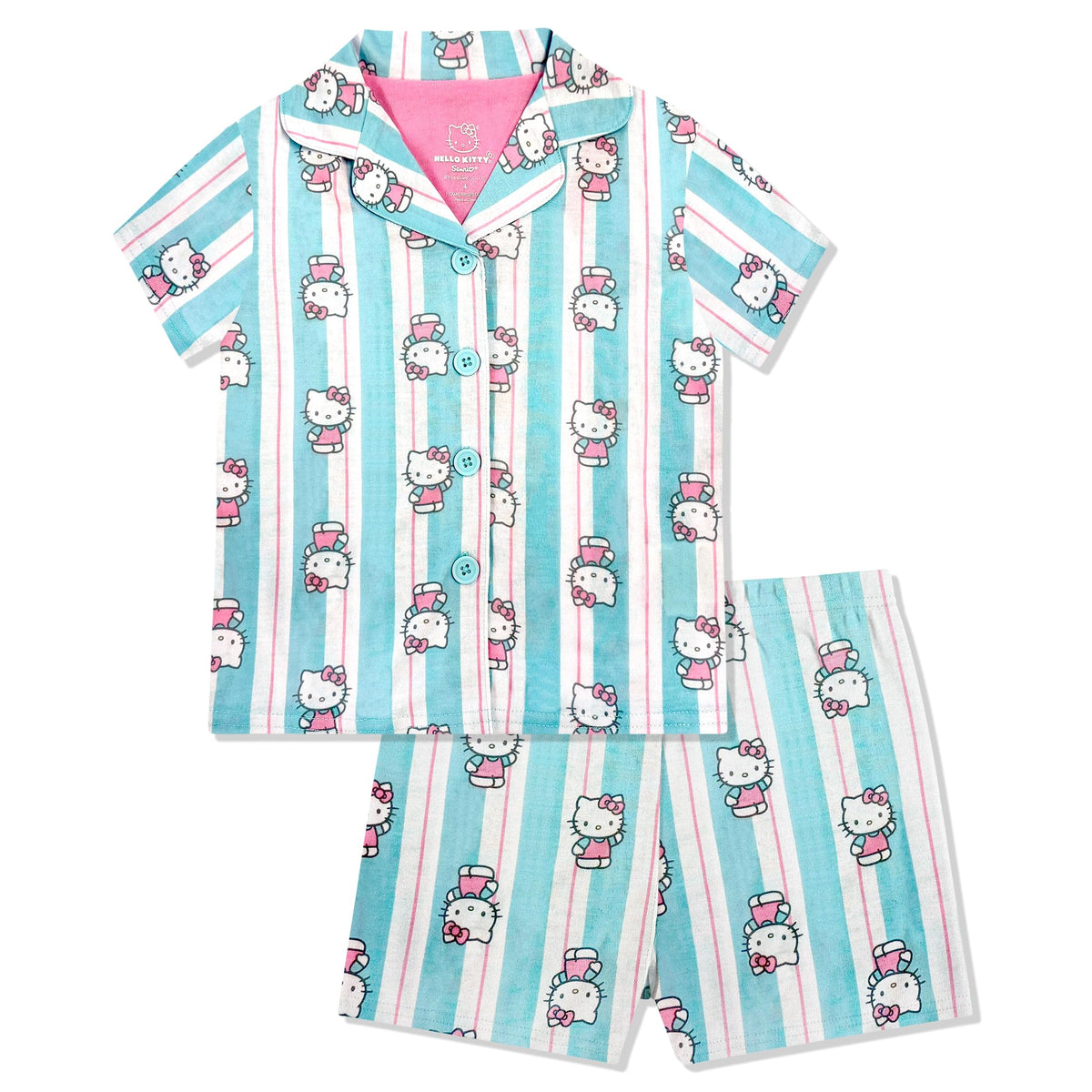 Hello Kitty Girls Pajama Set - 2 Piece Cozy Girls Pjs with Button Down Short Sleeve & Shorts For Kids - Official Product