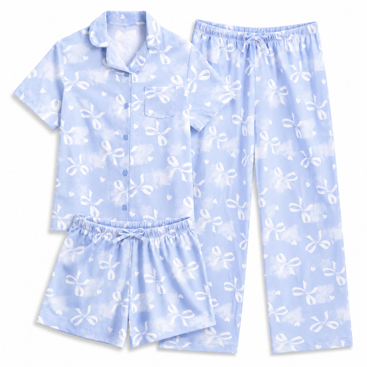 US Angels Girls Pajama Set 3 Piece, Short Sleeve Button Down PJs with Shorts & Pants, Soft Sleepwear Girls & Tweens Size 5-16