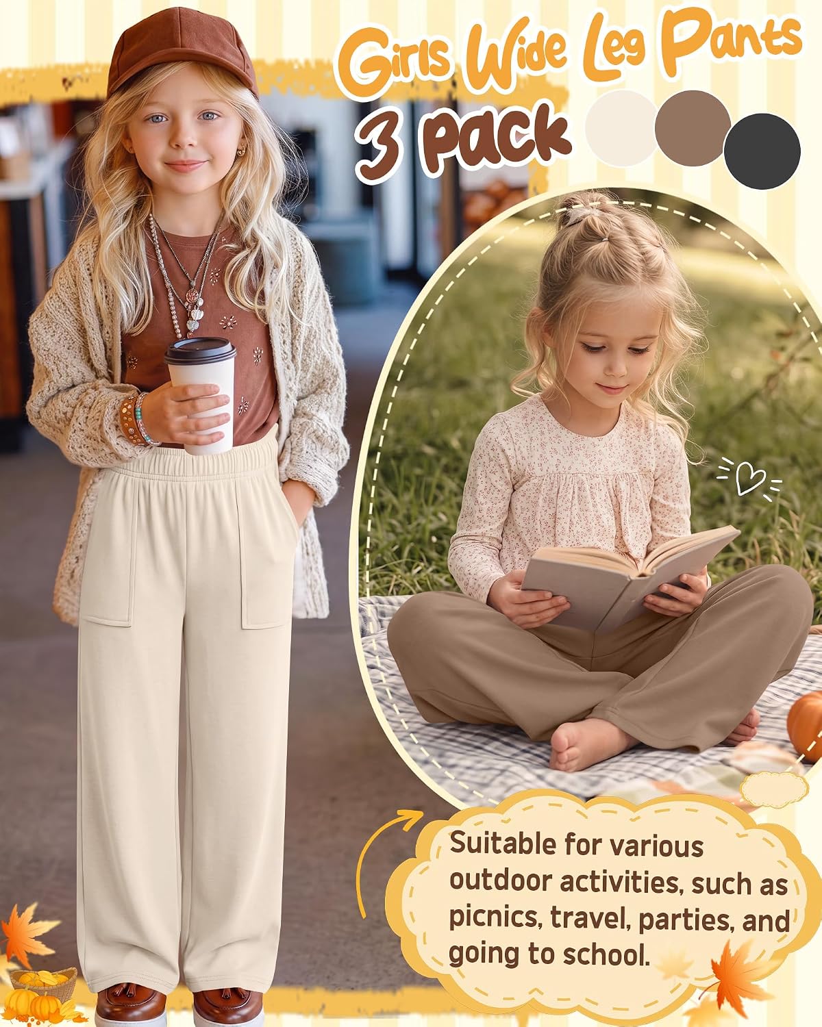 3 Pack Girls Wide Leg Pants Yoga Trousers