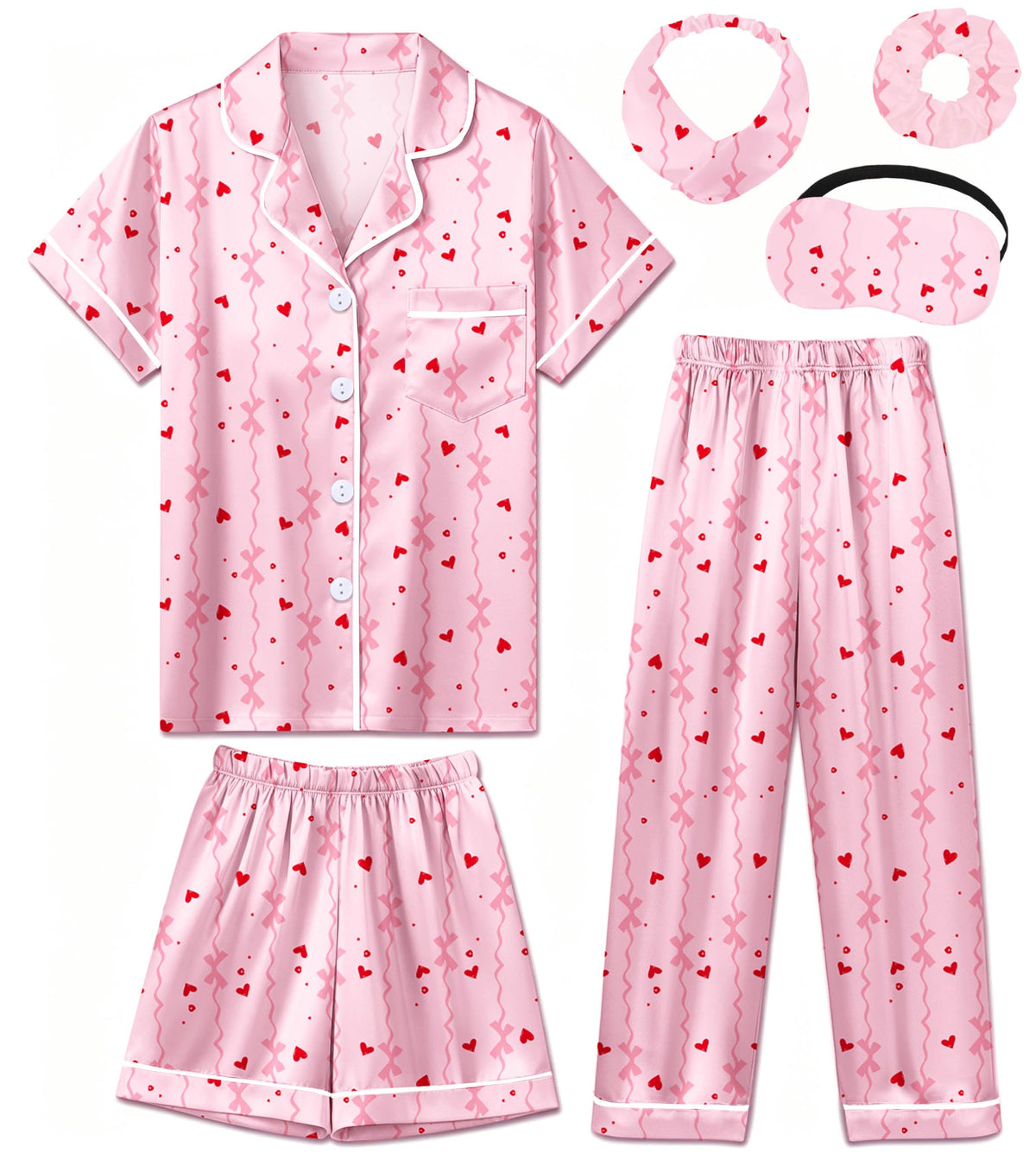 Silk Pajamas for Girls Satin Pajama Kids 3Pcs Short Sleeve Pjs Set
