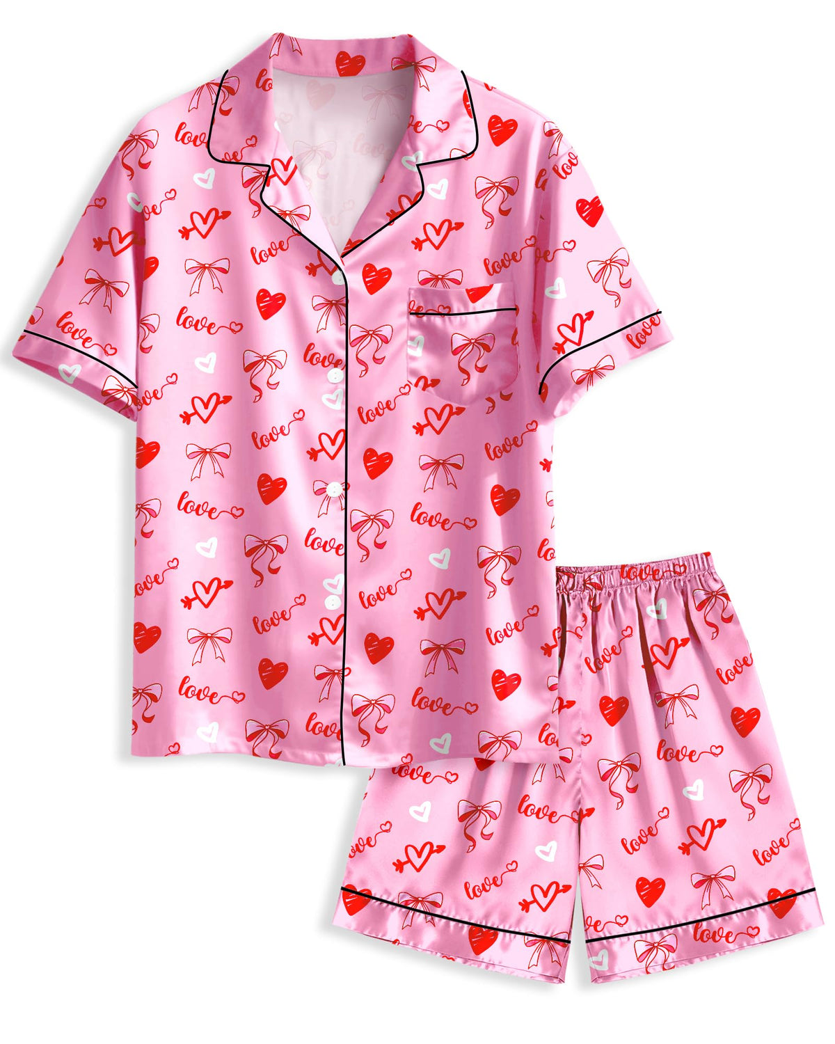 Girls Pajamas Satin Pajama Set Silk Pjs Short Sleeve Button Down Summer Bow Sleepwear for Big Kids 7-14Y