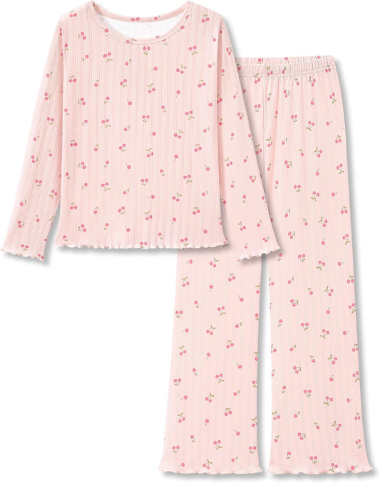 Beezizac Girls Pointelle Pajamas Long Sleeve Wide Leg 2-Piece Set Size 6-18