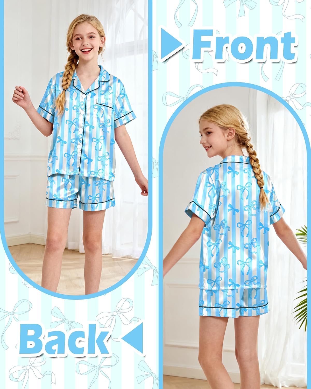 Sylfairy Girls Pajamas Silk PJS Set Bow Satin Sleepwear Short Sleeve Jammies for Kids Button-Down Nightwear size 7-8 10-12