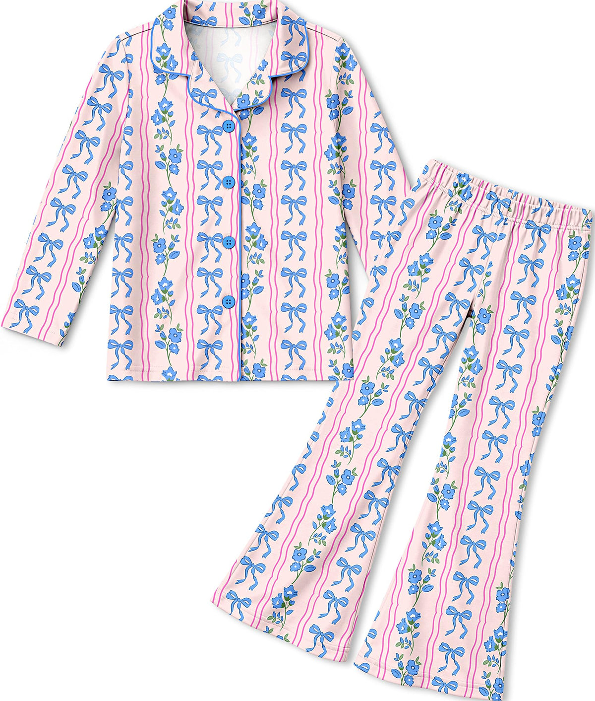 Petite&Me Girls Pajamas, Long Sleeve Button Up Set with Flared Pants 6T-14T